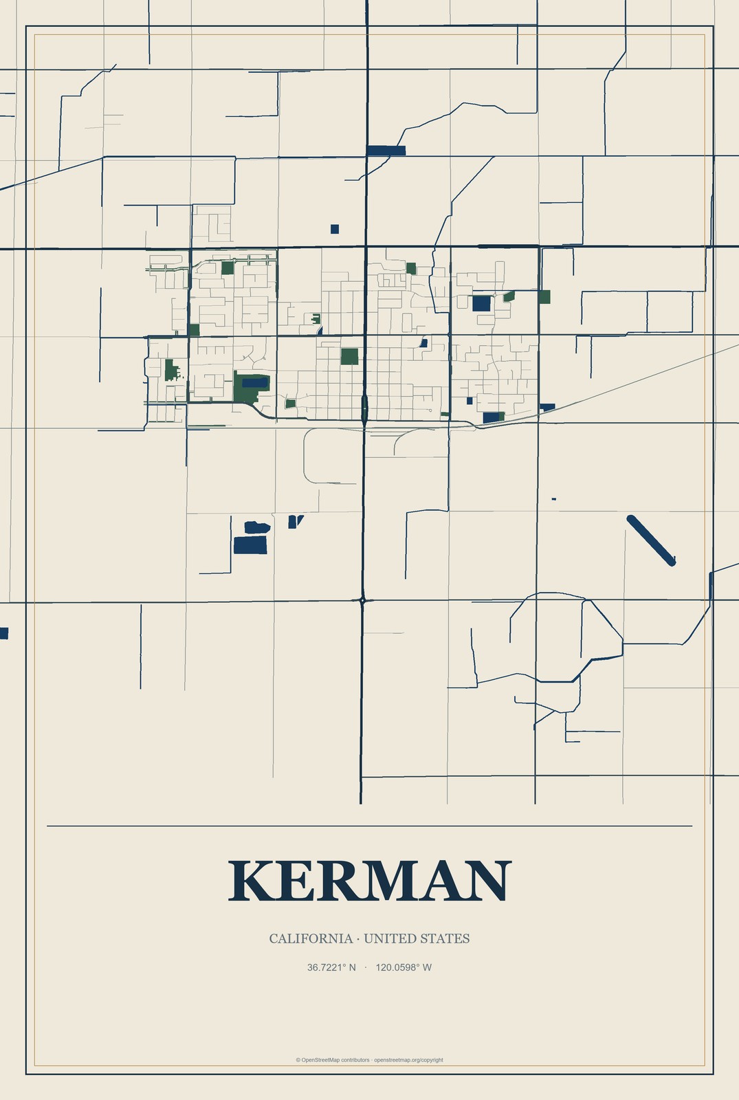 Kerman, California City Map Aluminum Sign in Coastal Cutout style