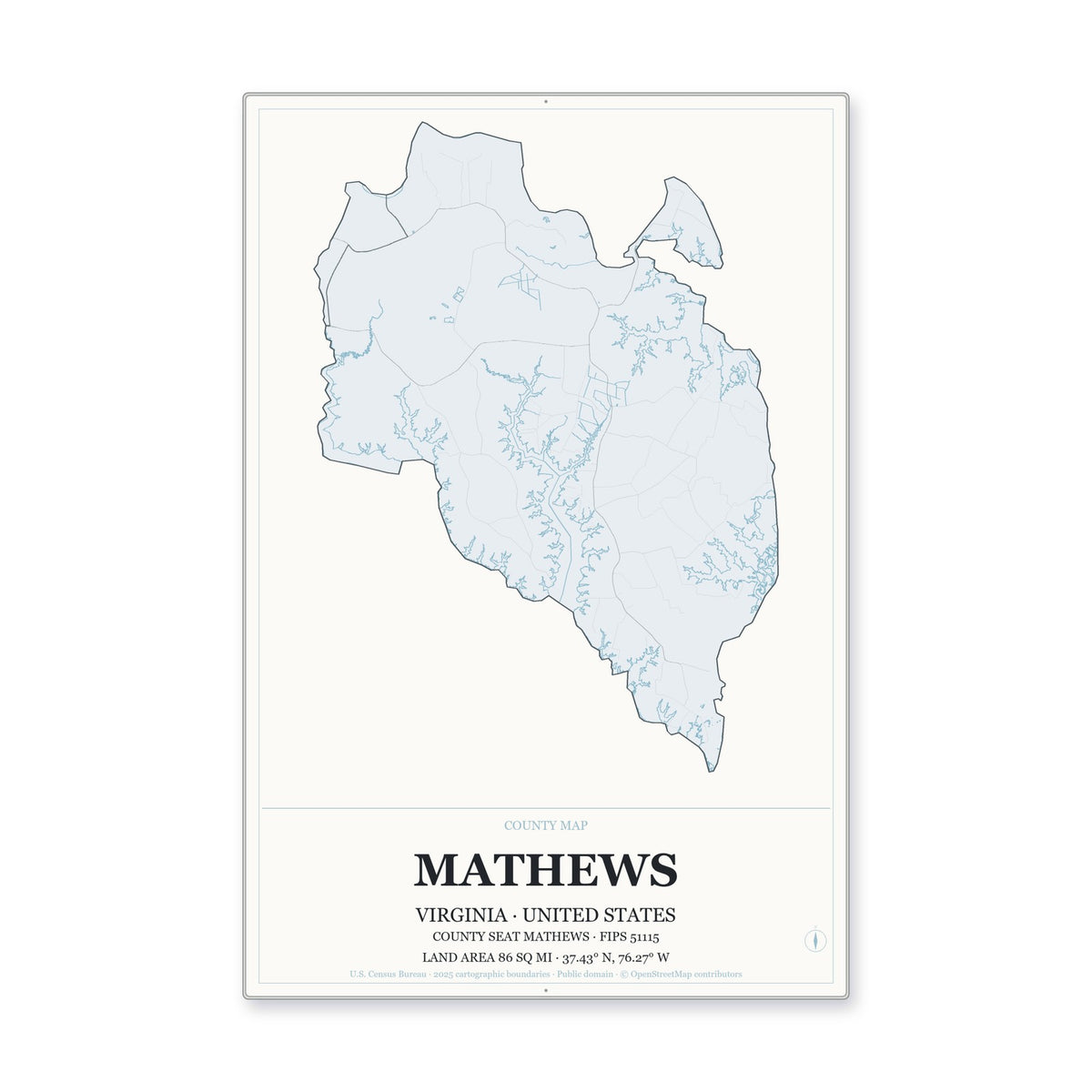 Mathews County, Virginia Map Aluminum Sign in Gallery Air style