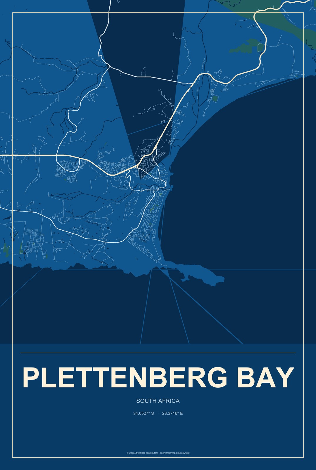 Plettenberg Bay, South Africa City Map Aluminum Sign in Harbor Cobalt style