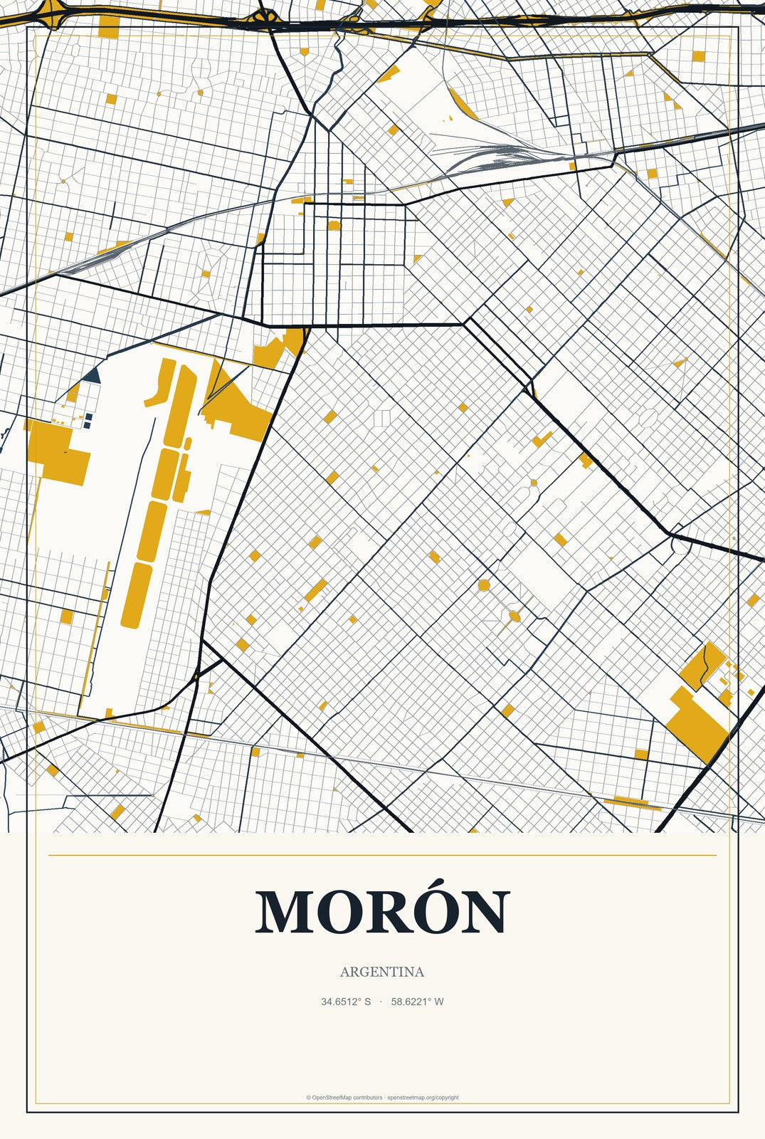 Morón, Argentina City Map Aluminum Sign in Citrine Modern style