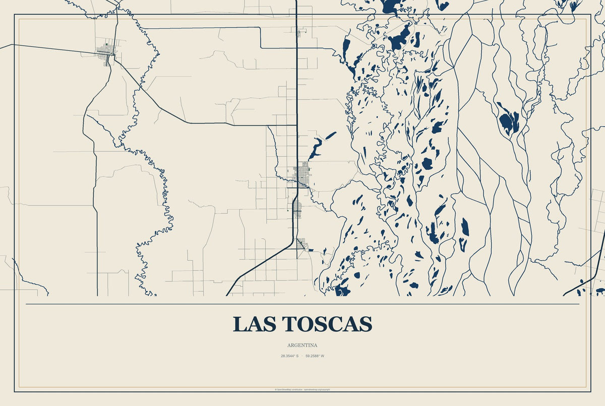 Las Toscas, Argentina City Map Aluminum Sign in Coastal Cutout style