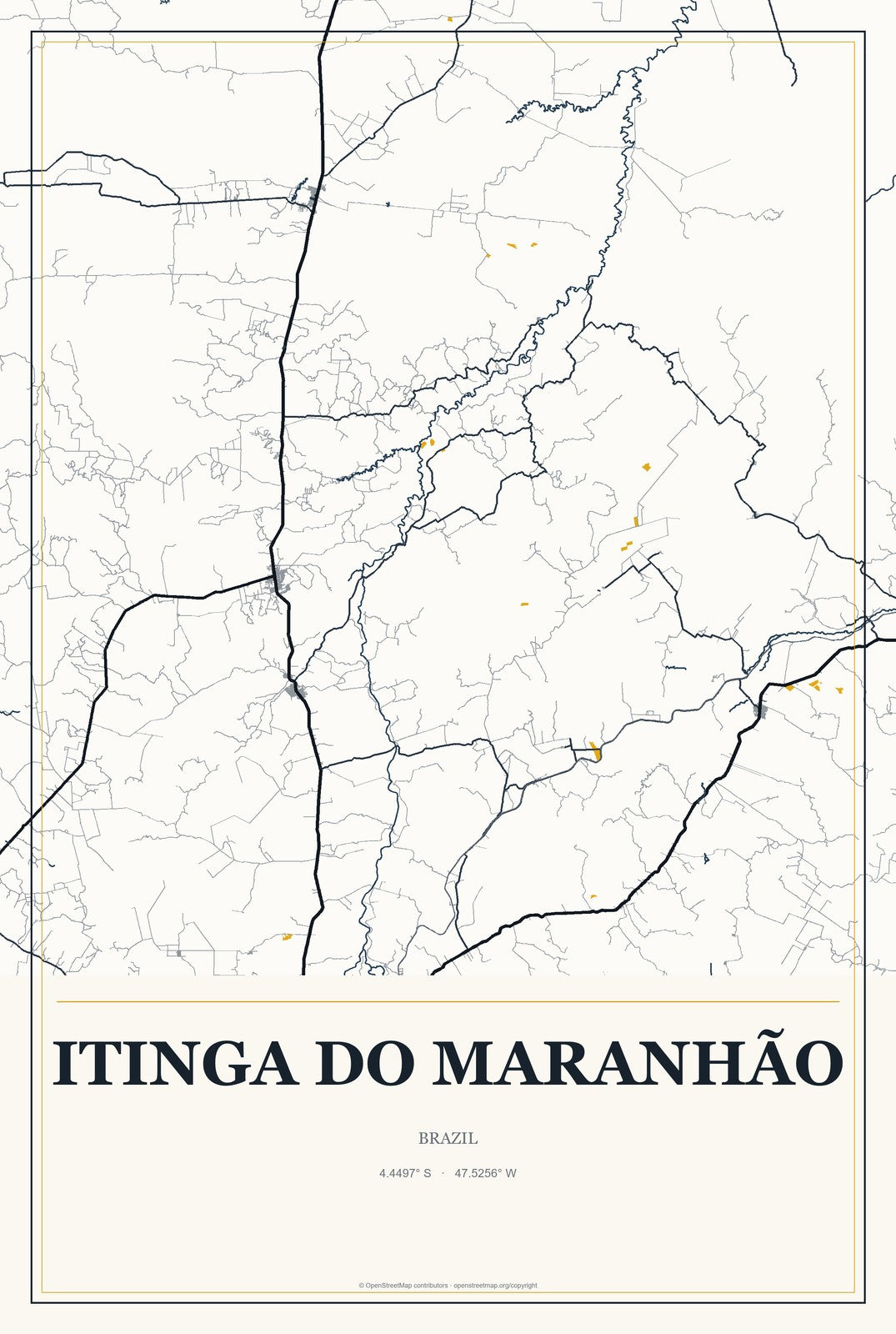 Itinga do Maranhão, Brazil City Map Aluminum Sign in Citrine Modern style