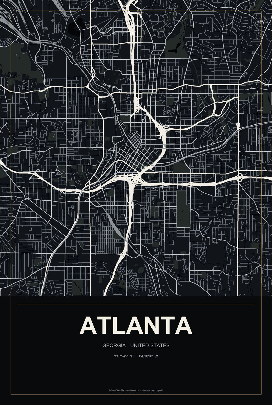 Atlanta, Georgia City Map Aluminum Sign in Metropolitan Noir style