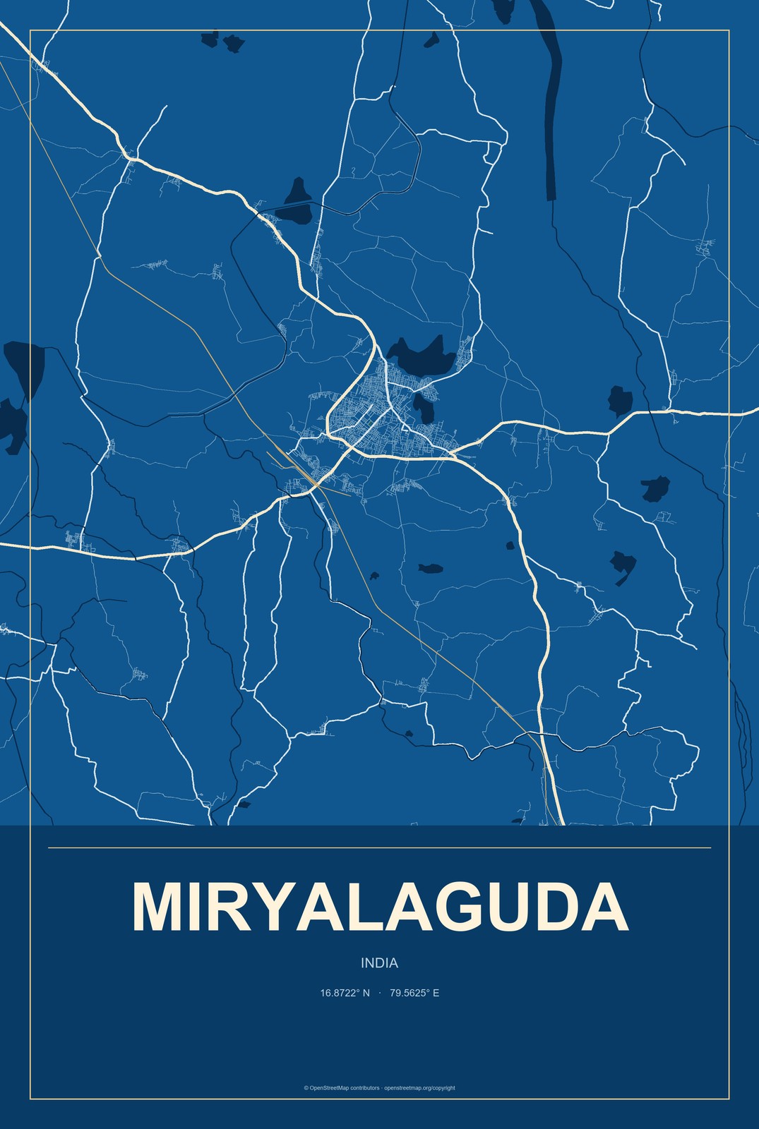Miryalaguda, India City Map Aluminum Sign in Harbor Cobalt style