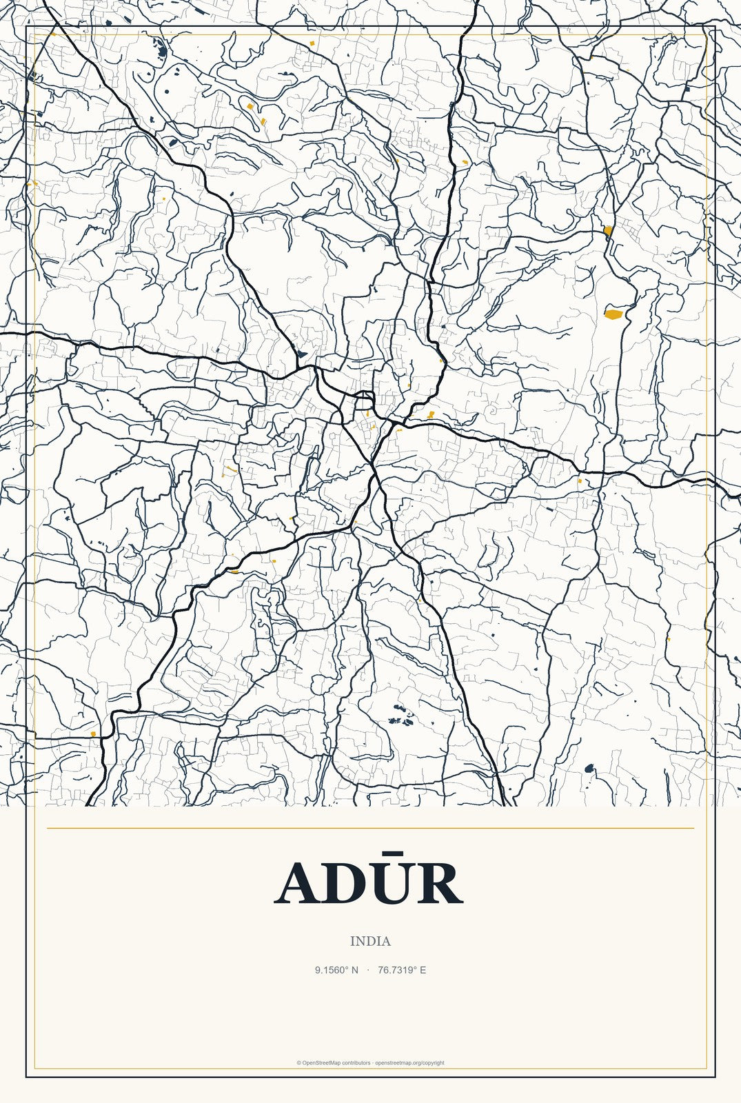 Adūr, India City Map Aluminum Sign in Citrine Modern style