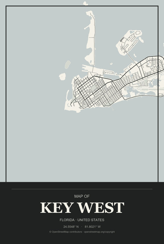 Key West, Florida City Map Aluminum Sign in Museum Plaque style