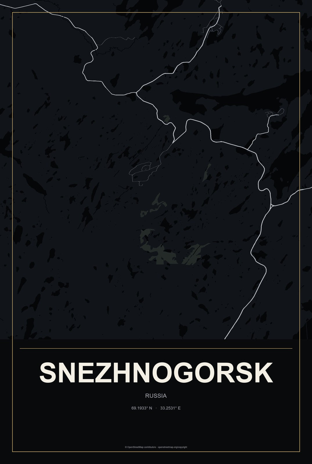 Snezhnogorsk, Russia City Map Aluminum Sign in Metropolitan Noir style