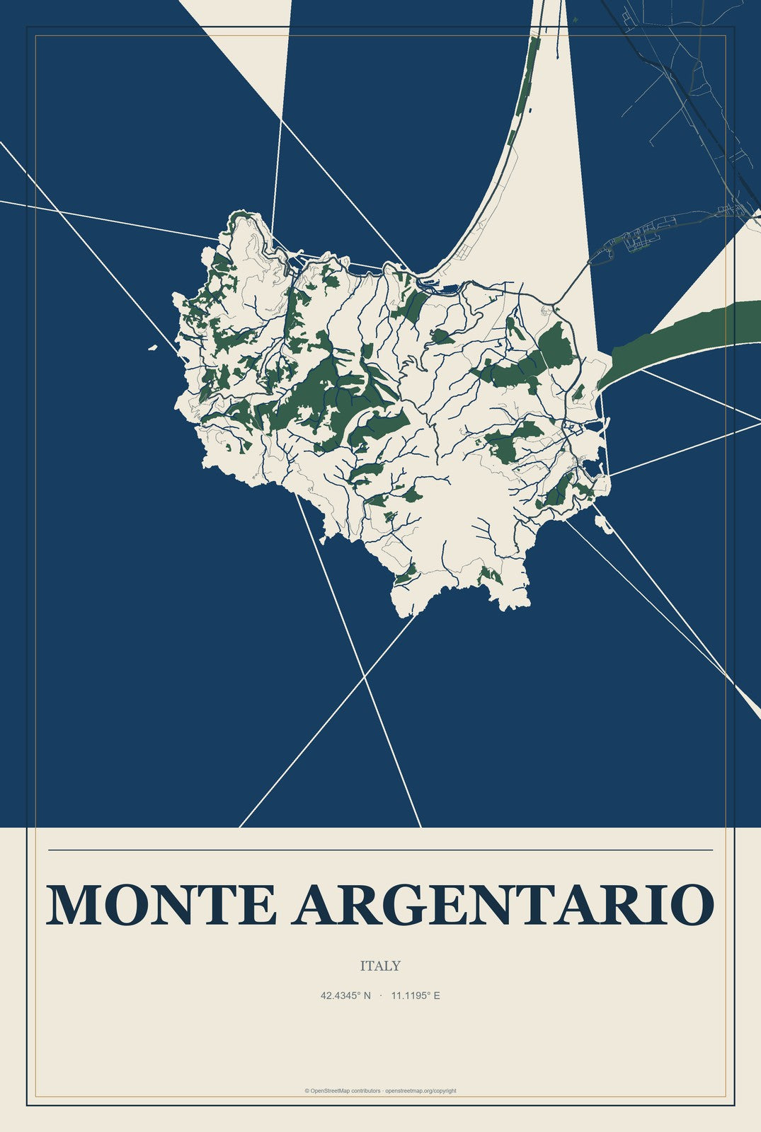 Monte Argentario, Italy City Map Aluminum Sign in Coastal Cutout style