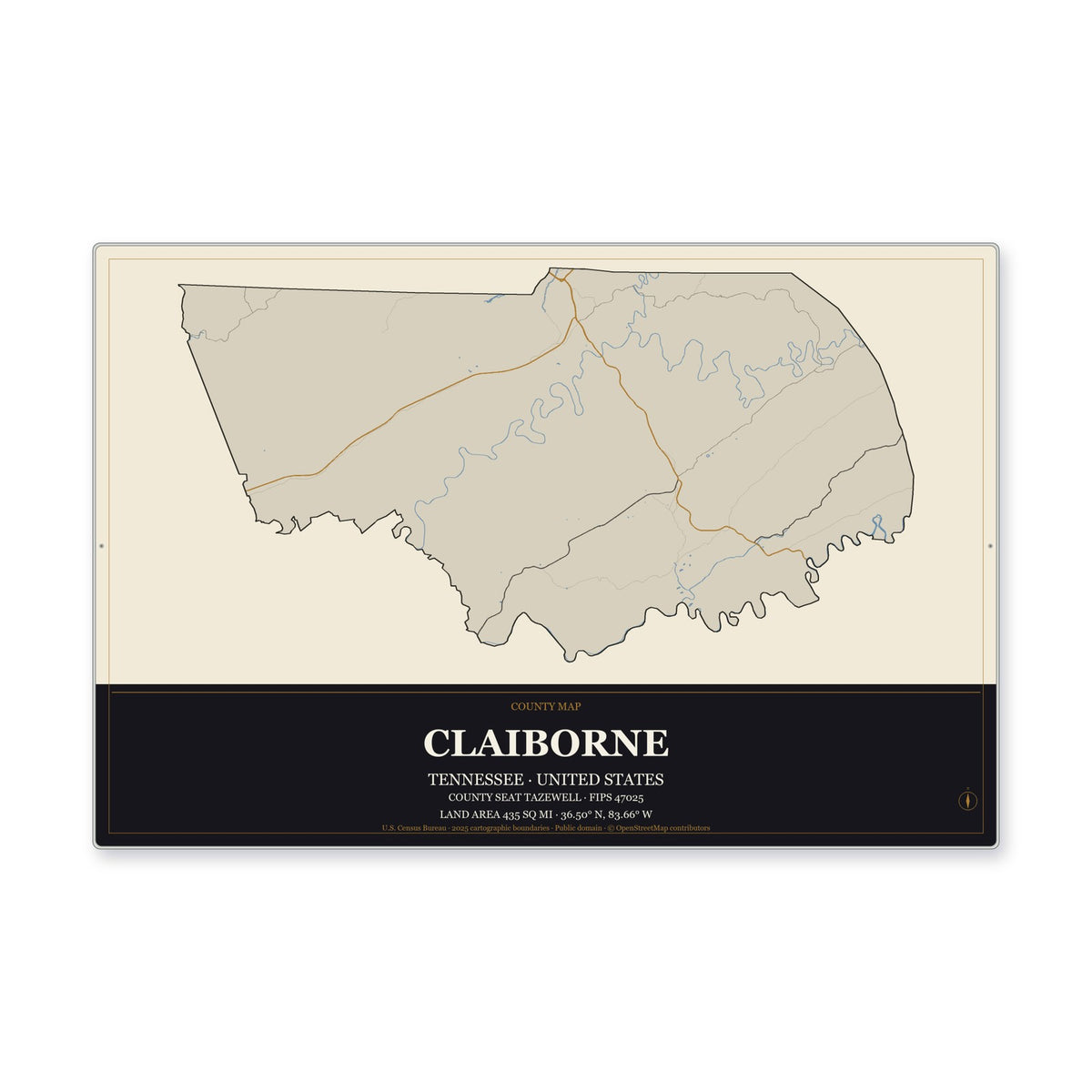 Claiborne County, Tennessee Map Aluminum Sign in Museum Plaque style