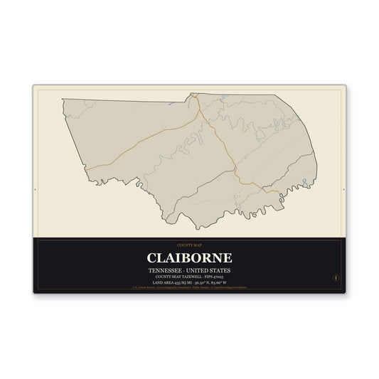 Claiborne County, Tennessee Map Aluminum Sign in Museum Plaque style