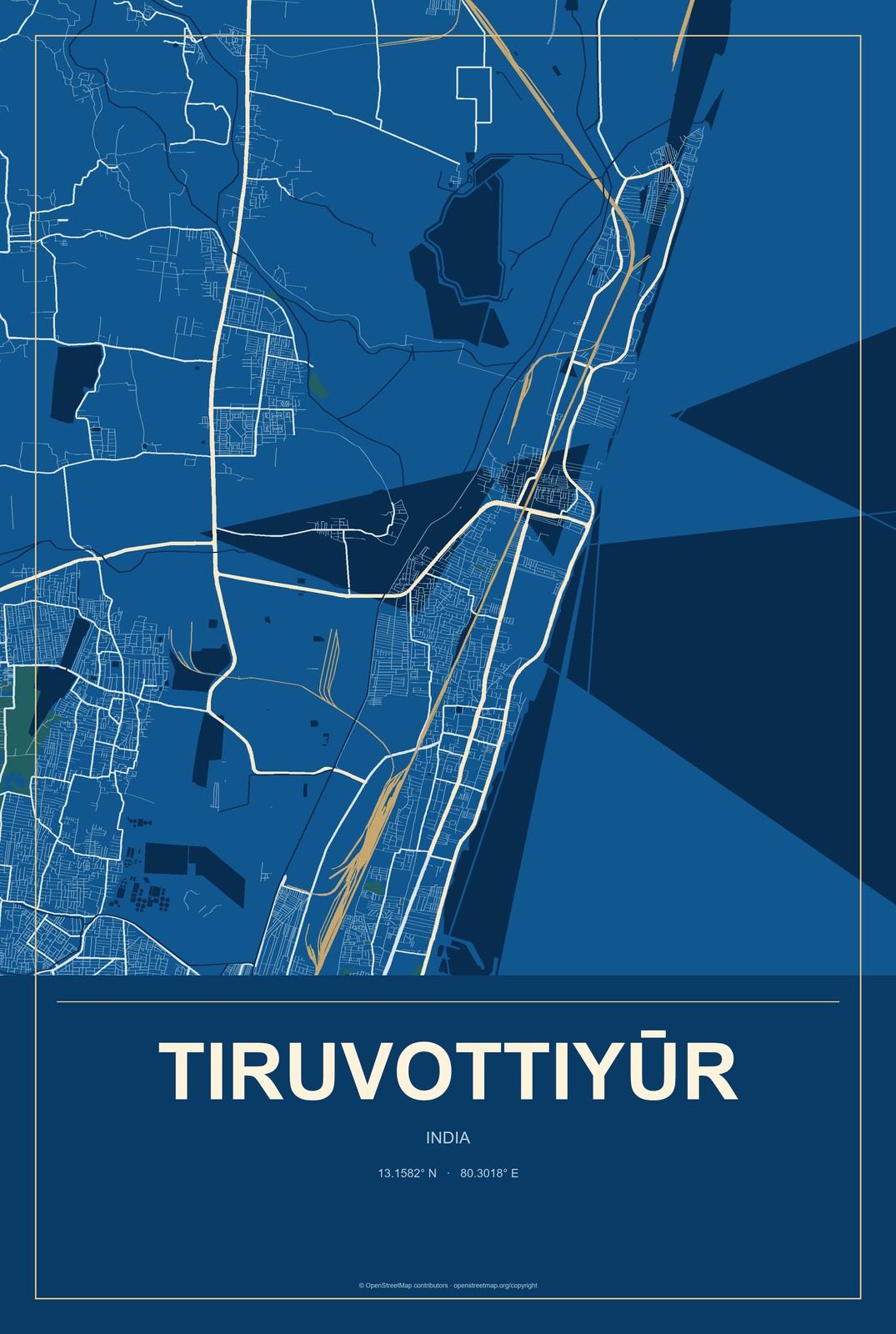 Tiruvottiyūr, India City Map Aluminum Sign in Harbor Cobalt style