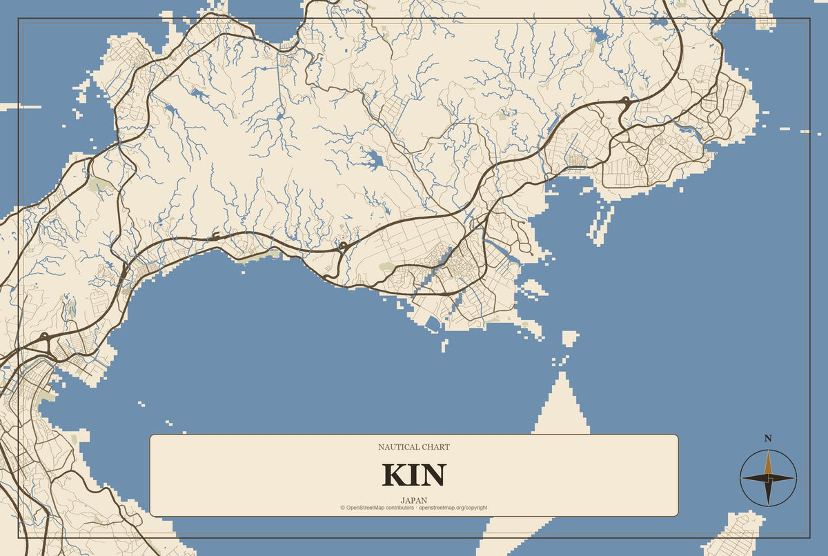 Kin, Japan City Map Aluminum Sign in Heritage Nautical style
