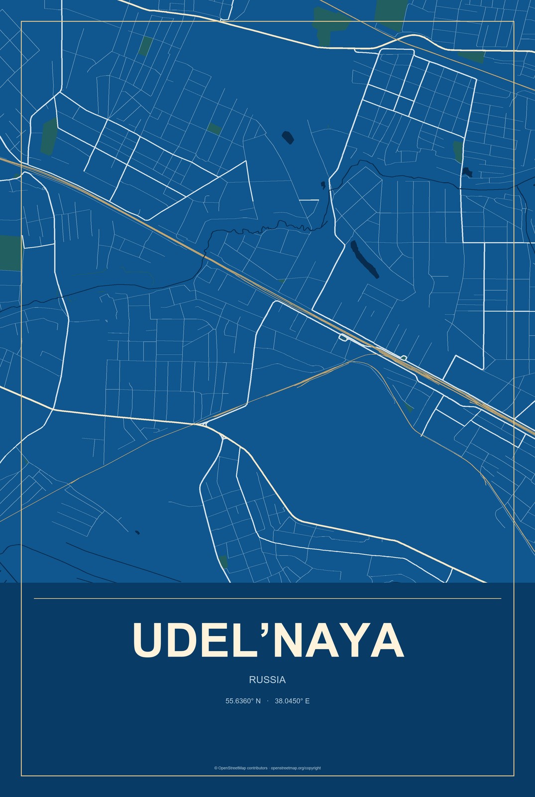 Udel’naya, Russia City Map Aluminum Sign in Harbor Cobalt style