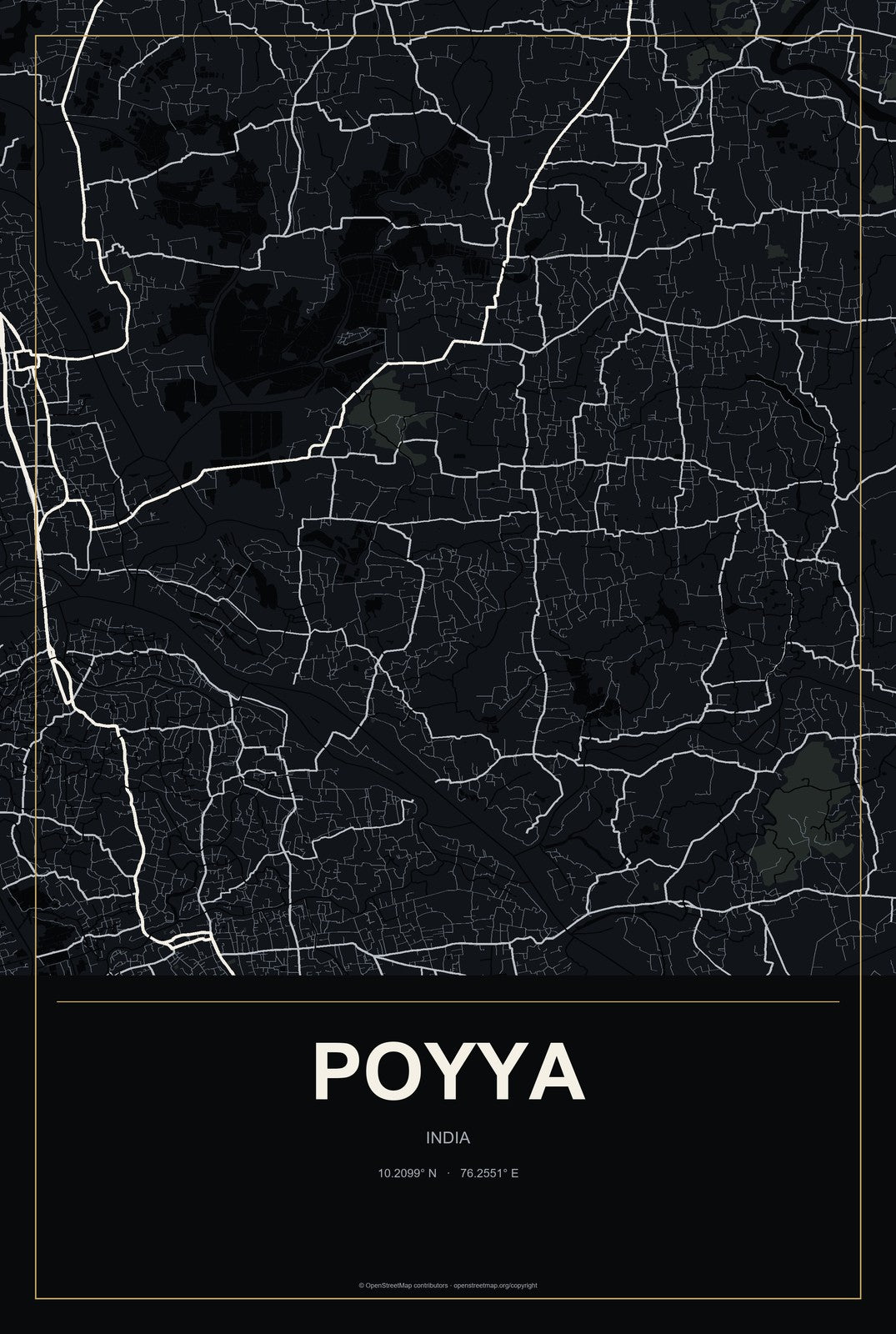 Poyya, India City Map Aluminum Sign in Metropolitan Noir style
