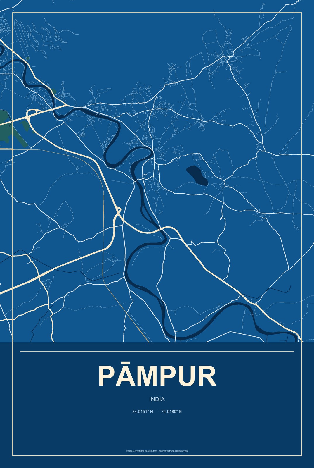 Pāmpur, India City Map Aluminum Sign in Harbor Cobalt style