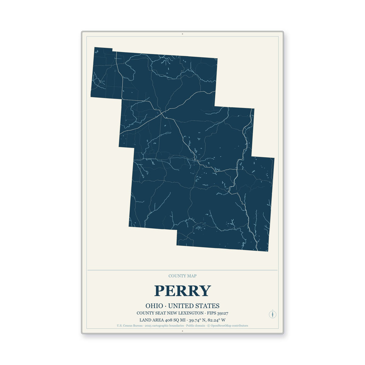 Perry County, Ohio Map Aluminum Sign in Coastal Cutout style
