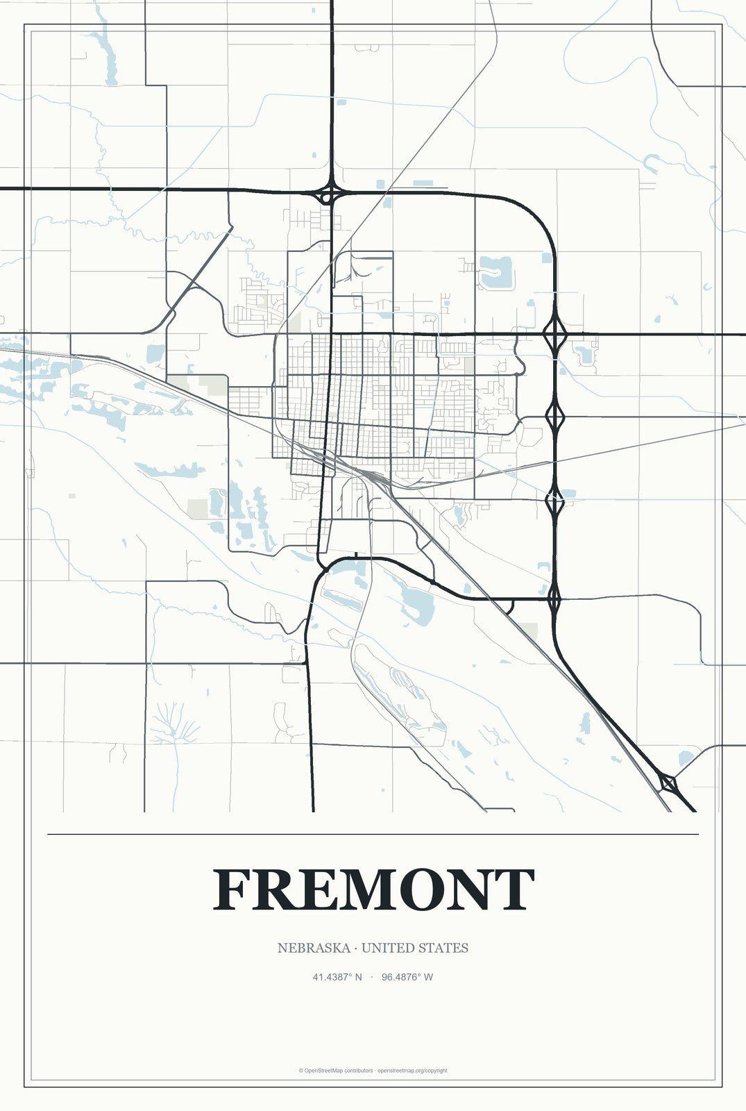 Fremont, Nebraska City Map Aluminum Sign in Gallery Air style