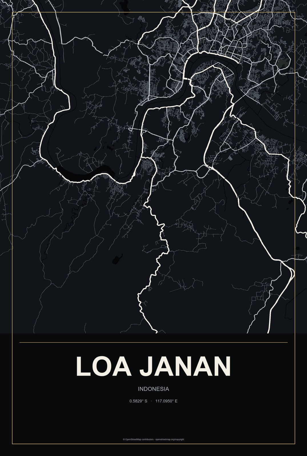 Loa Janan, Indonesia City Map Aluminum Sign in Metropolitan Noir style