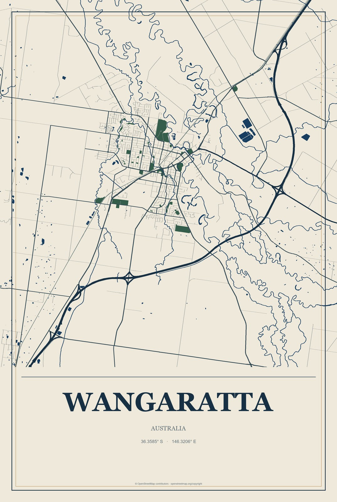 Wangaratta, Australia City Map Aluminum Sign in Coastal Cutout style
