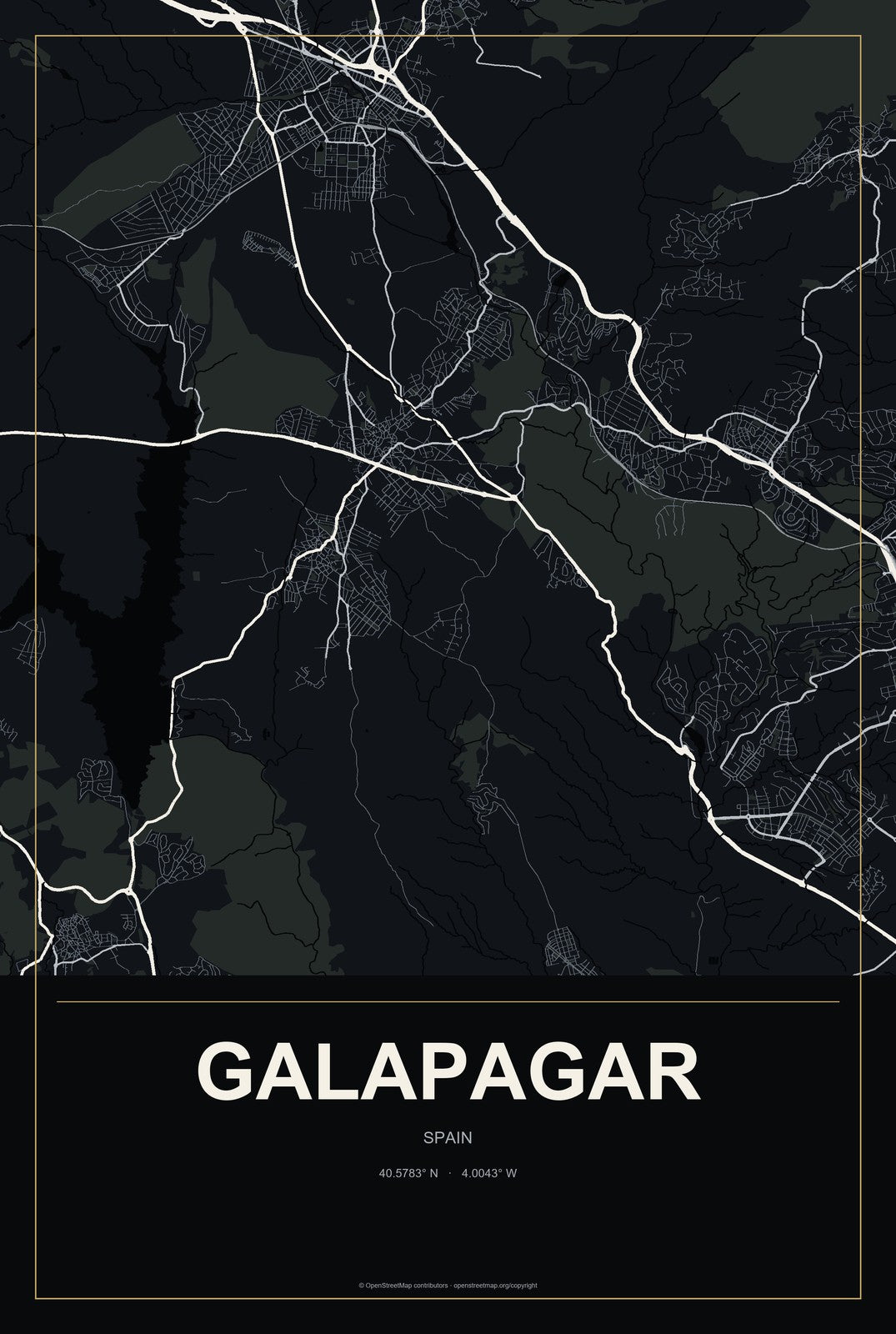 Galapagar, Spain City Map Aluminum Sign in Metropolitan Noir style