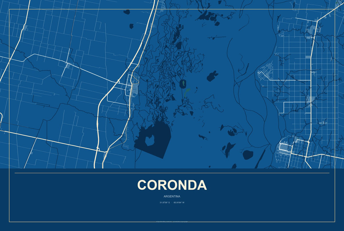 Coronda, Argentina City Map Aluminum Sign in Harbor Cobalt style