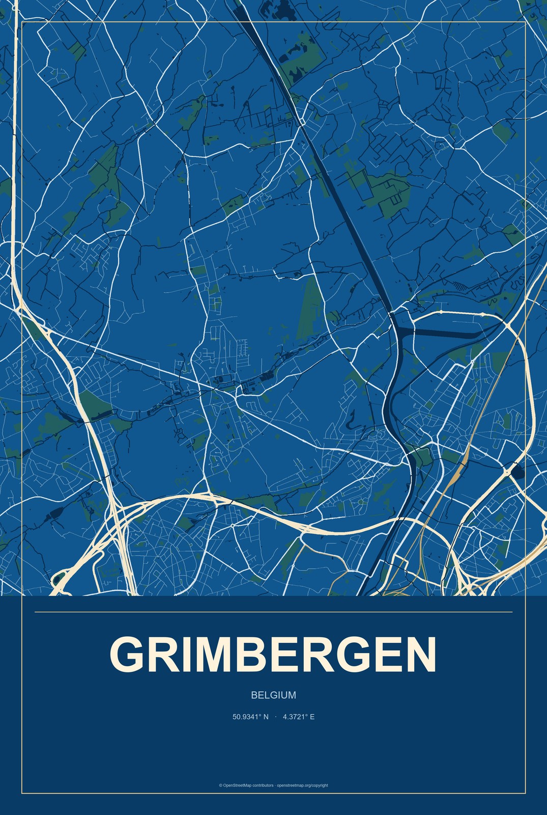 Grimbergen, Belgium City Map Aluminum Sign in Harbor Cobalt style