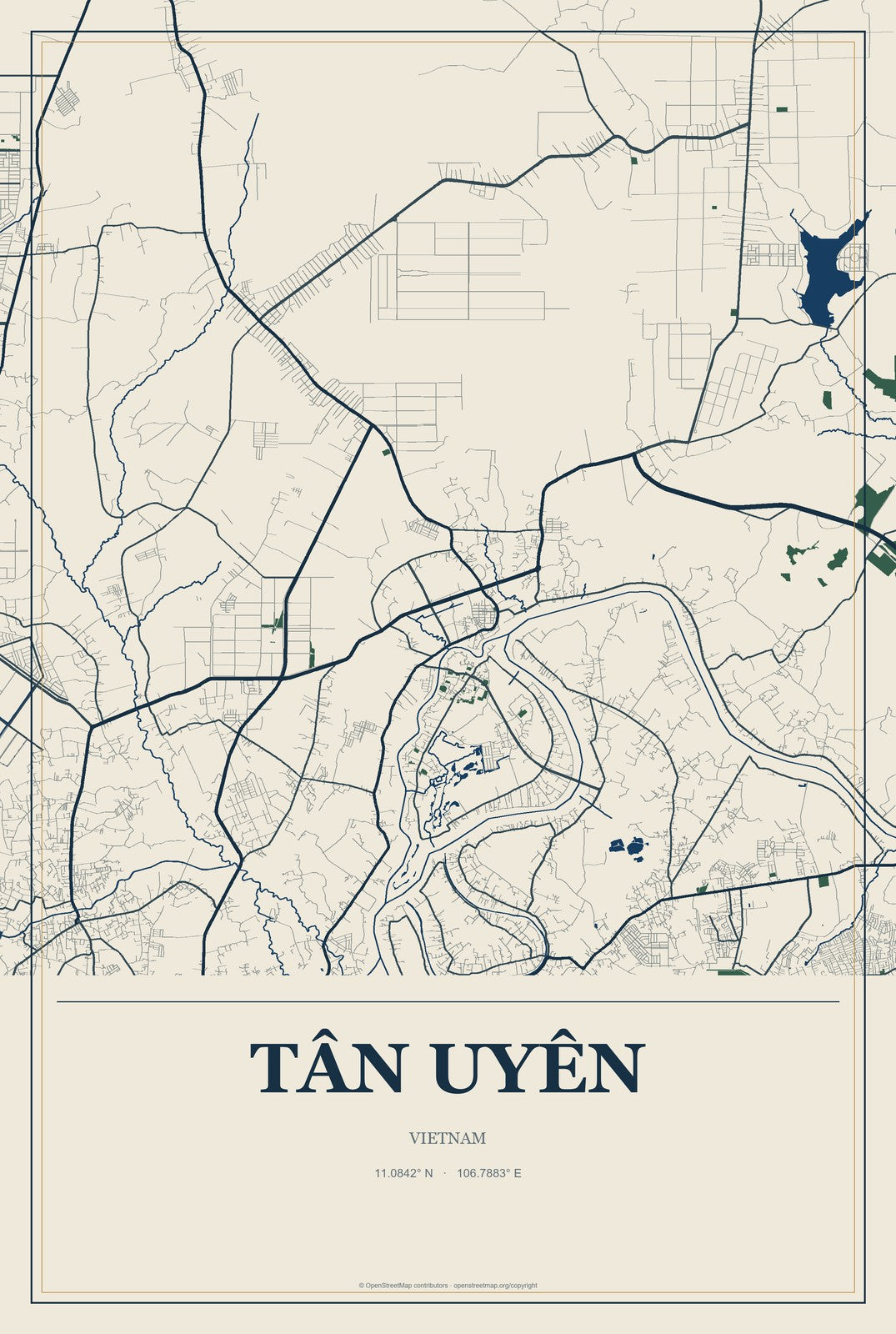 Tân Uyên, Vietnam City Map Aluminum Sign in Coastal Cutout style