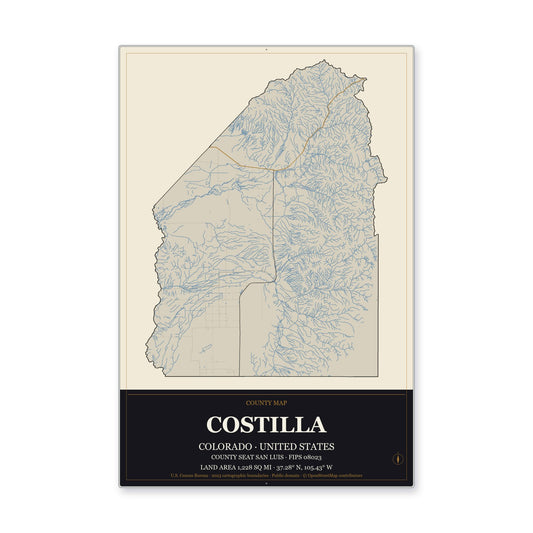 Costilla County, Colorado Map Aluminum Sign in Museum Plaque style