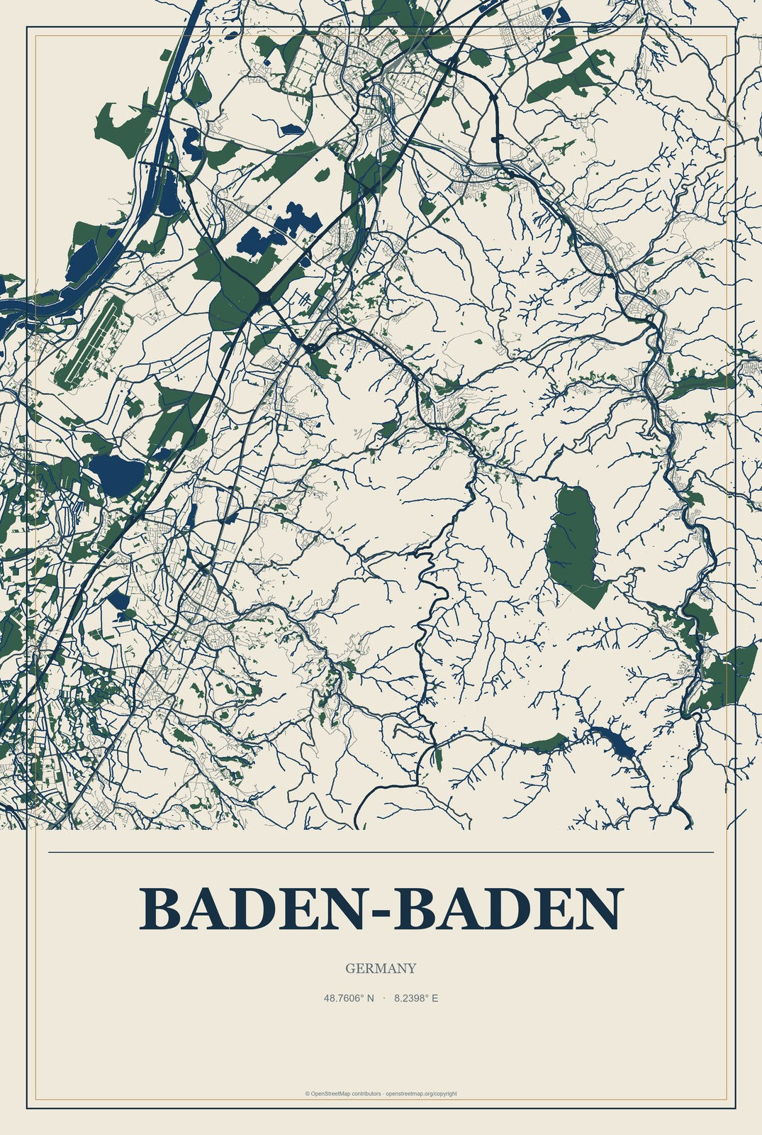 Baden-Baden, Germany City Map Aluminum Sign in Coastal Cutout style