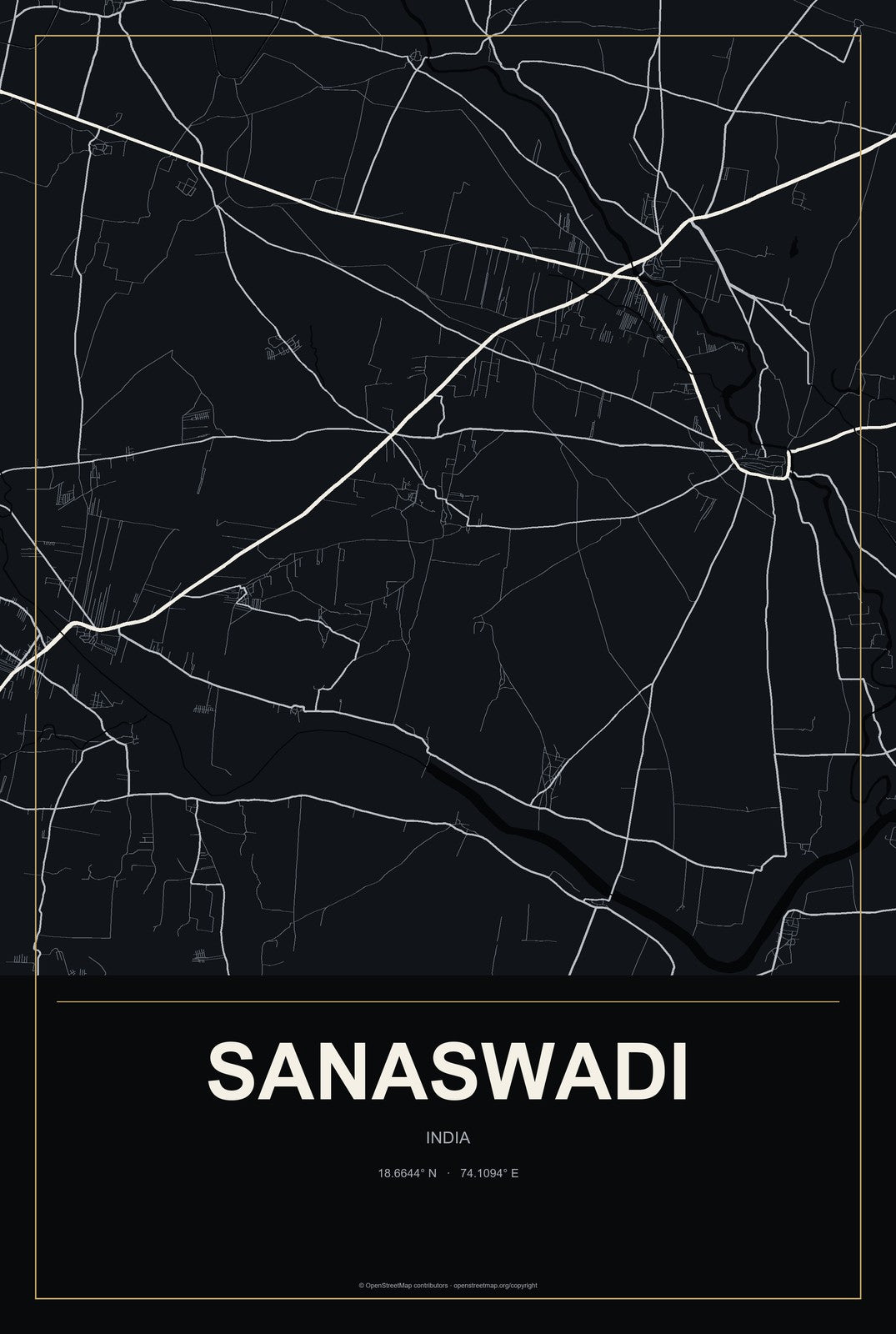 Sanaswadi, India City Map Aluminum Sign in Metropolitan Noir style