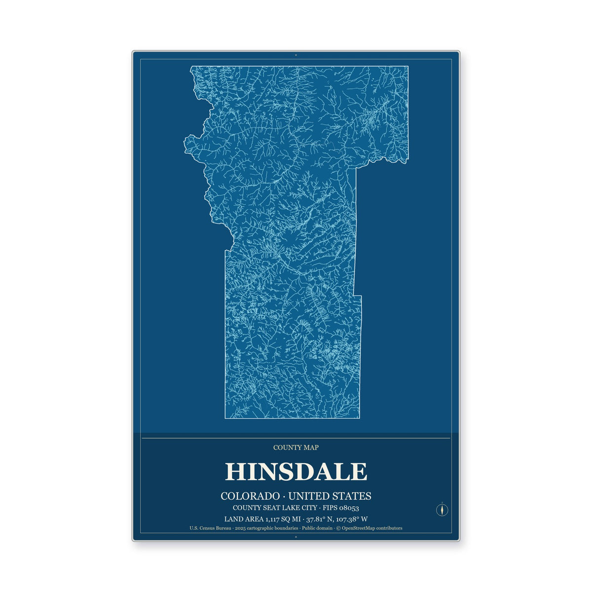 Hinsdale County, Colorado Map Aluminum Sign in Harbor Cobalt style