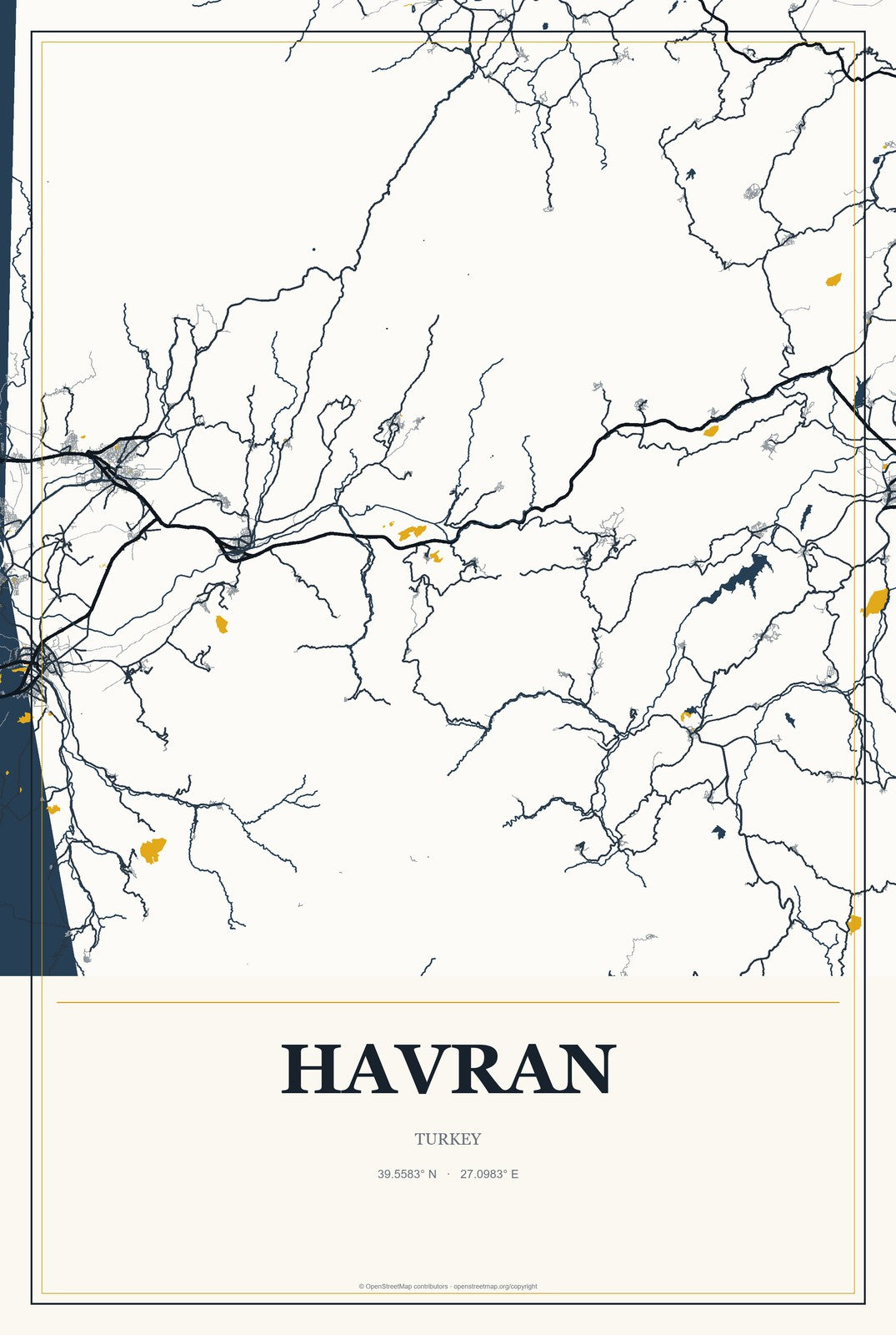 Havran, Turkey City Map Aluminum Sign in Citrine Modern style
