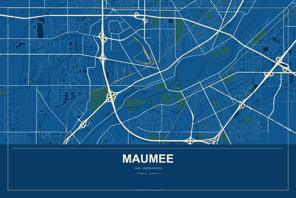 Maumee, Ohio City Map Aluminum Sign in Harbor Cobalt style