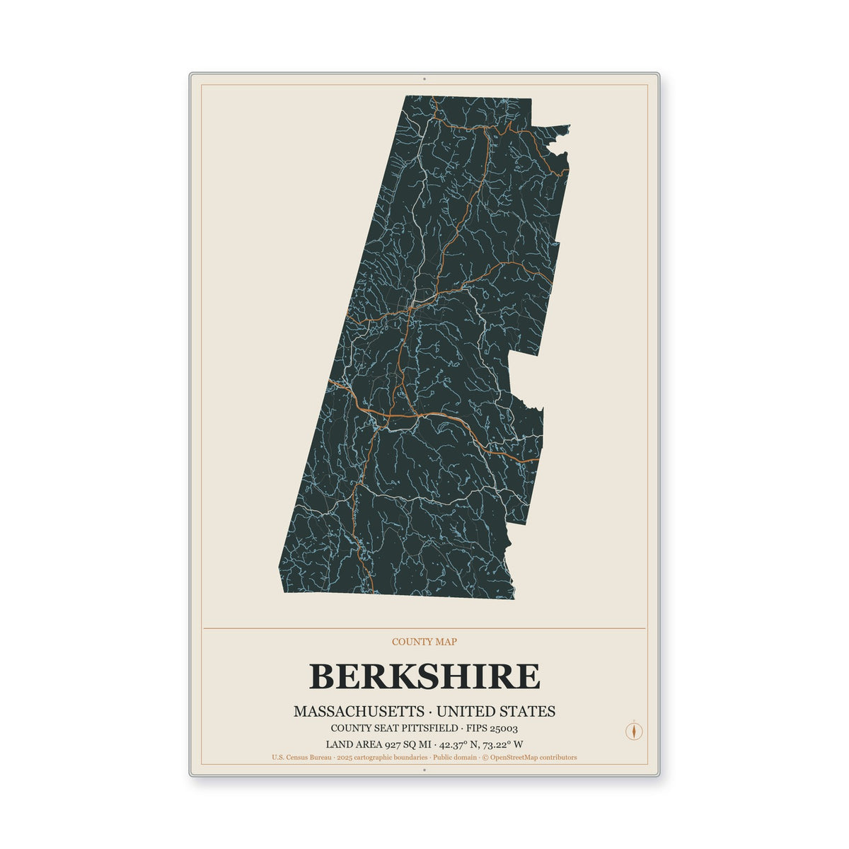 Berkshire County, Massachusetts Map Aluminum Sign in Headline Atlas style