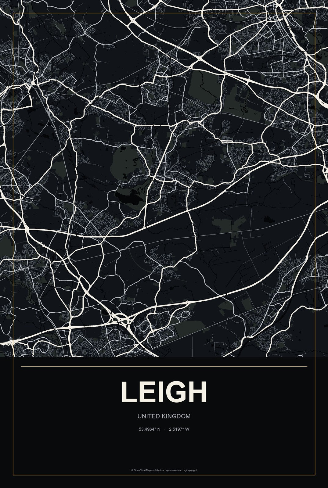 Leigh, United Kingdom City Map Aluminum Sign in Metropolitan Noir style