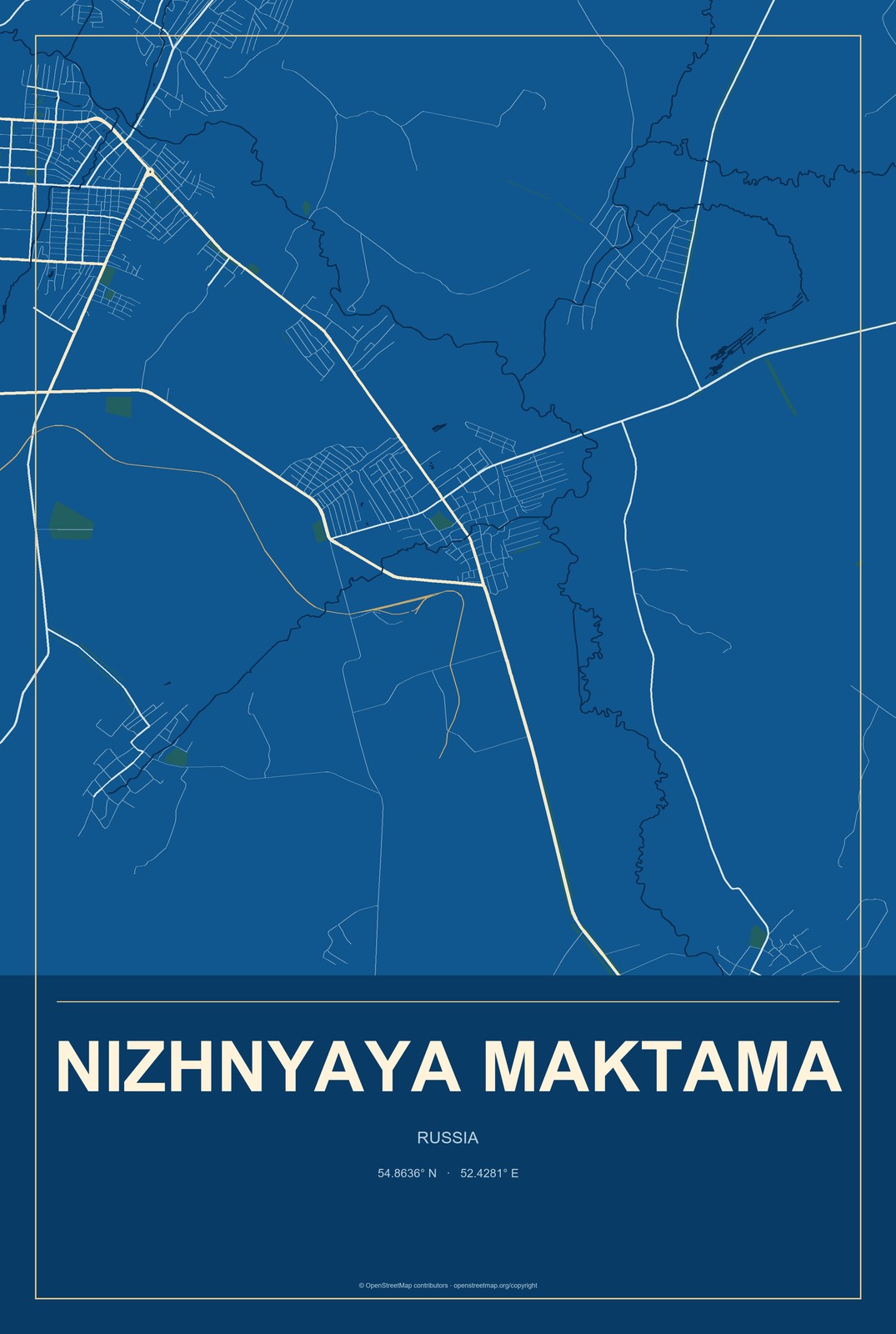 Nizhnyaya Maktama, Russia City Map Aluminum Sign in Harbor Cobalt style