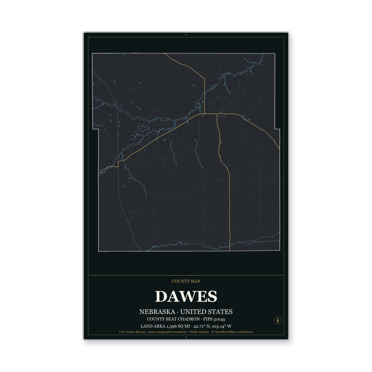 Dawes County, Nebraska Map Aluminum Sign in Metropolitan Noir style