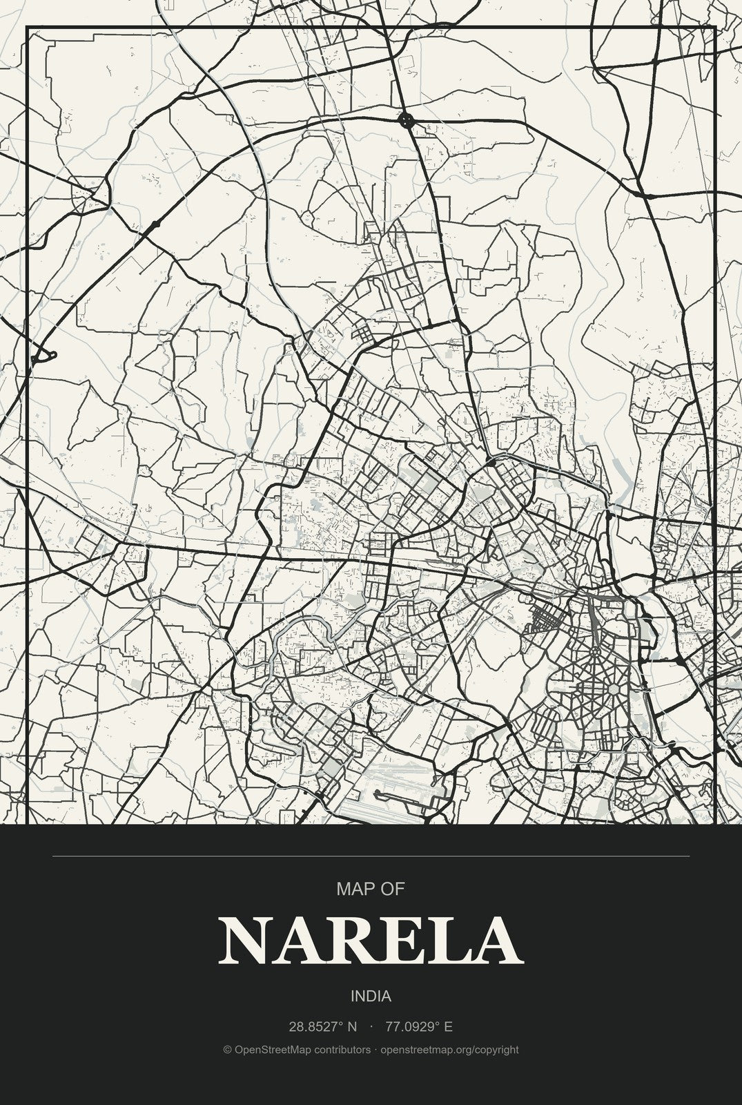 Narela, India City Map Aluminum Sign in Museum Plaque style