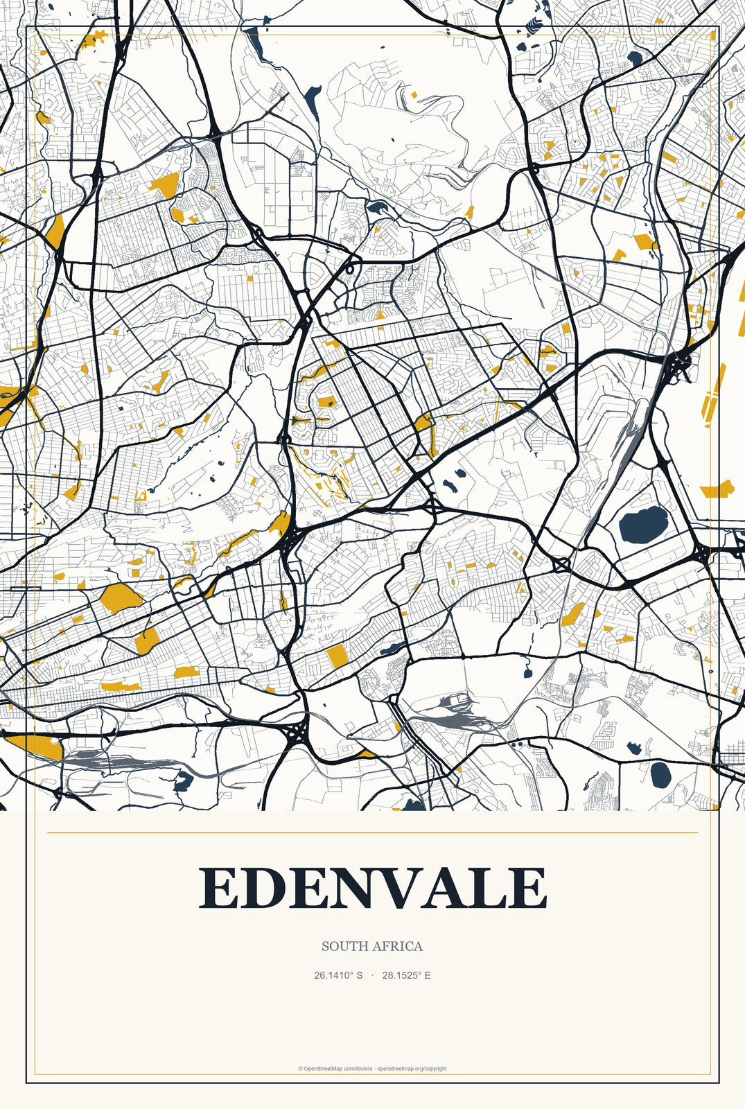 Edenvale, South Africa City Map Aluminum Sign in Citrine Modern style