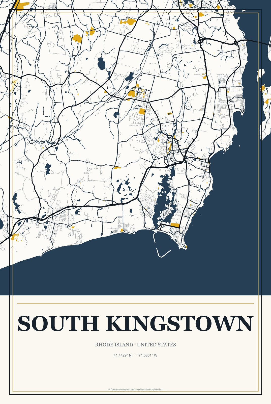 South Kingstown, Rhode Island City Map Aluminum Sign in Citrine Modern style
