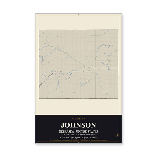Johnson County, Nebraska Map Aluminum Sign in Museum Plaque style