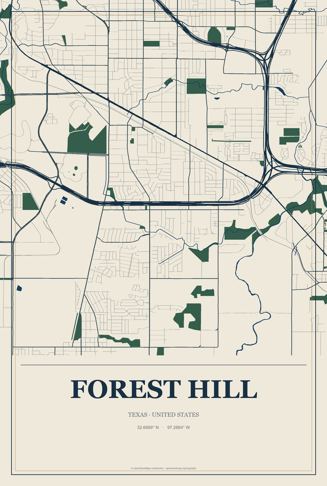 Forest Hill, Texas City Map Aluminum Sign in Coastal Cutout style