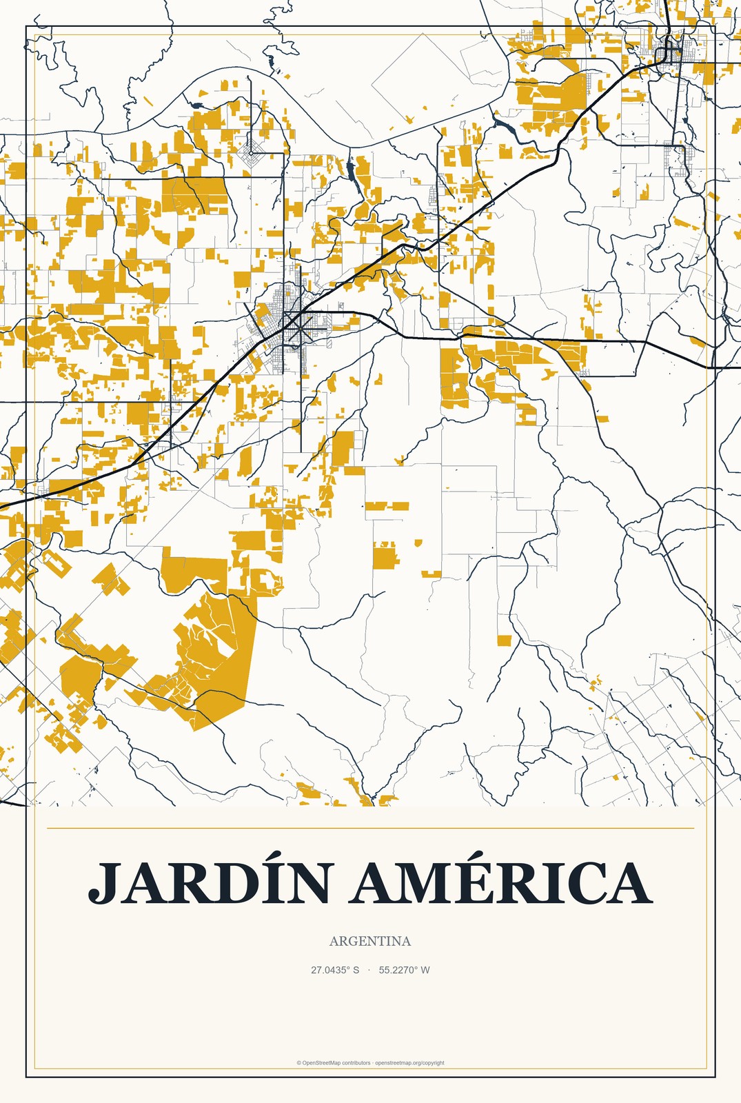 Jardín América, Argentina City Map Aluminum Sign in Citrine Modern style