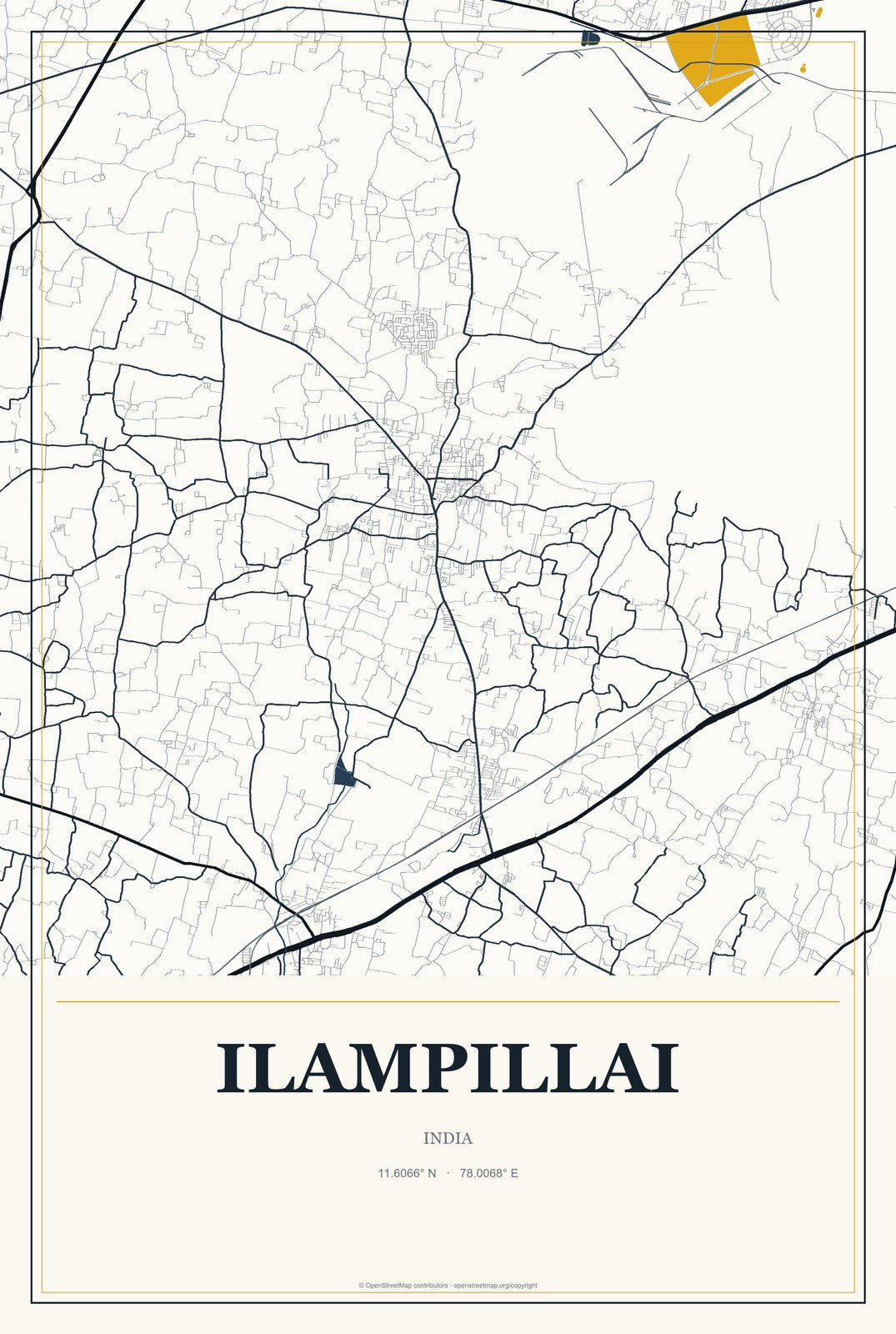 Ilampillai, India City Map Aluminum Sign in Citrine Modern style