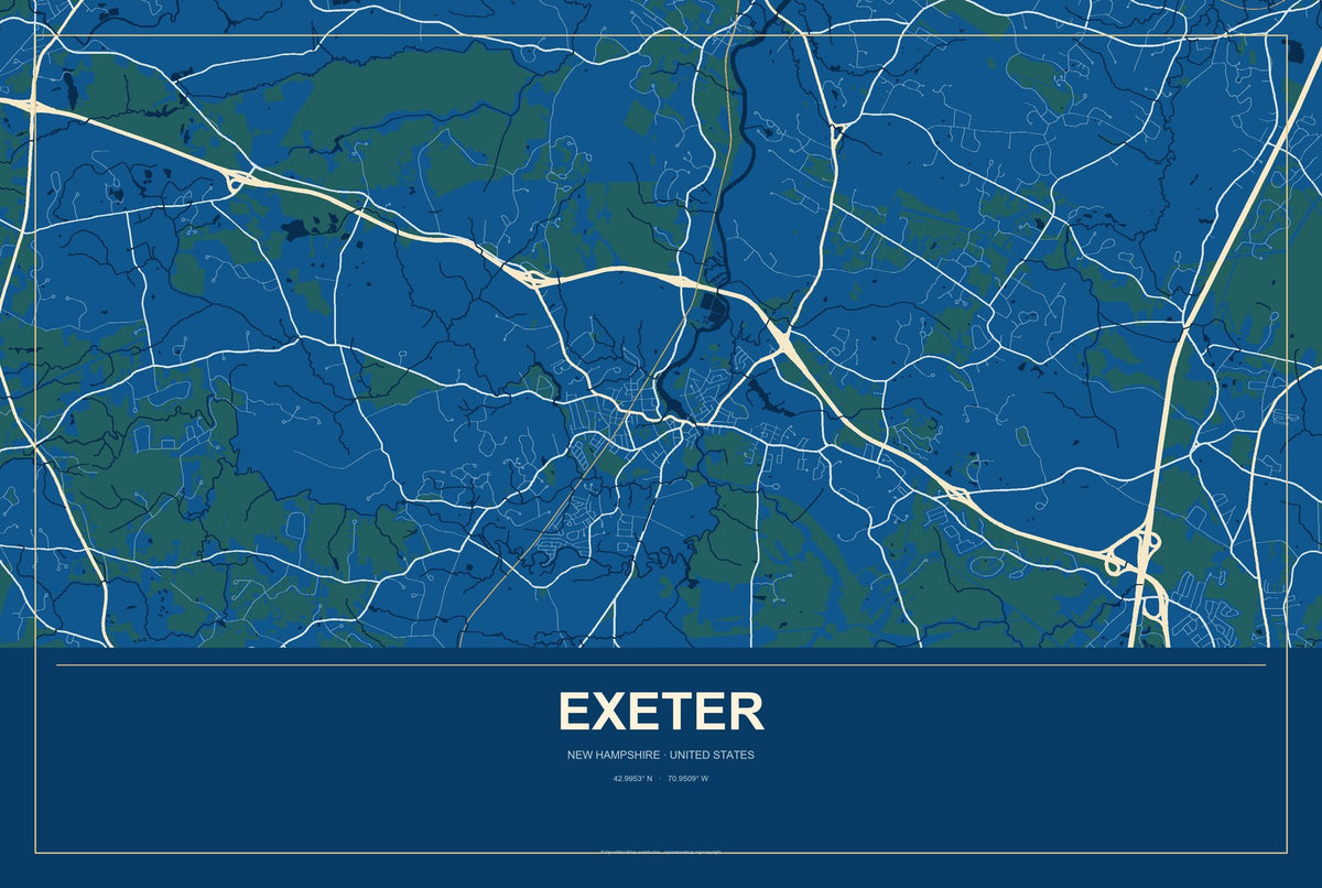 Exeter, New Hampshire City Map Aluminum Sign in Harbor Cobalt style