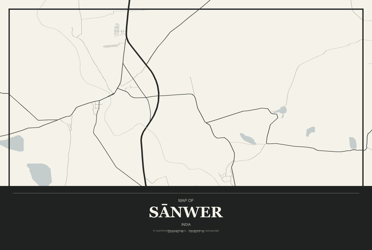 Sānwer, India City Map Aluminum Sign in Museum Plaque style