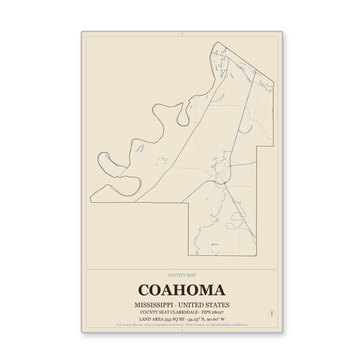 Coahoma County, Mississippi Map Aluminum Sign in Heritage Nautical style