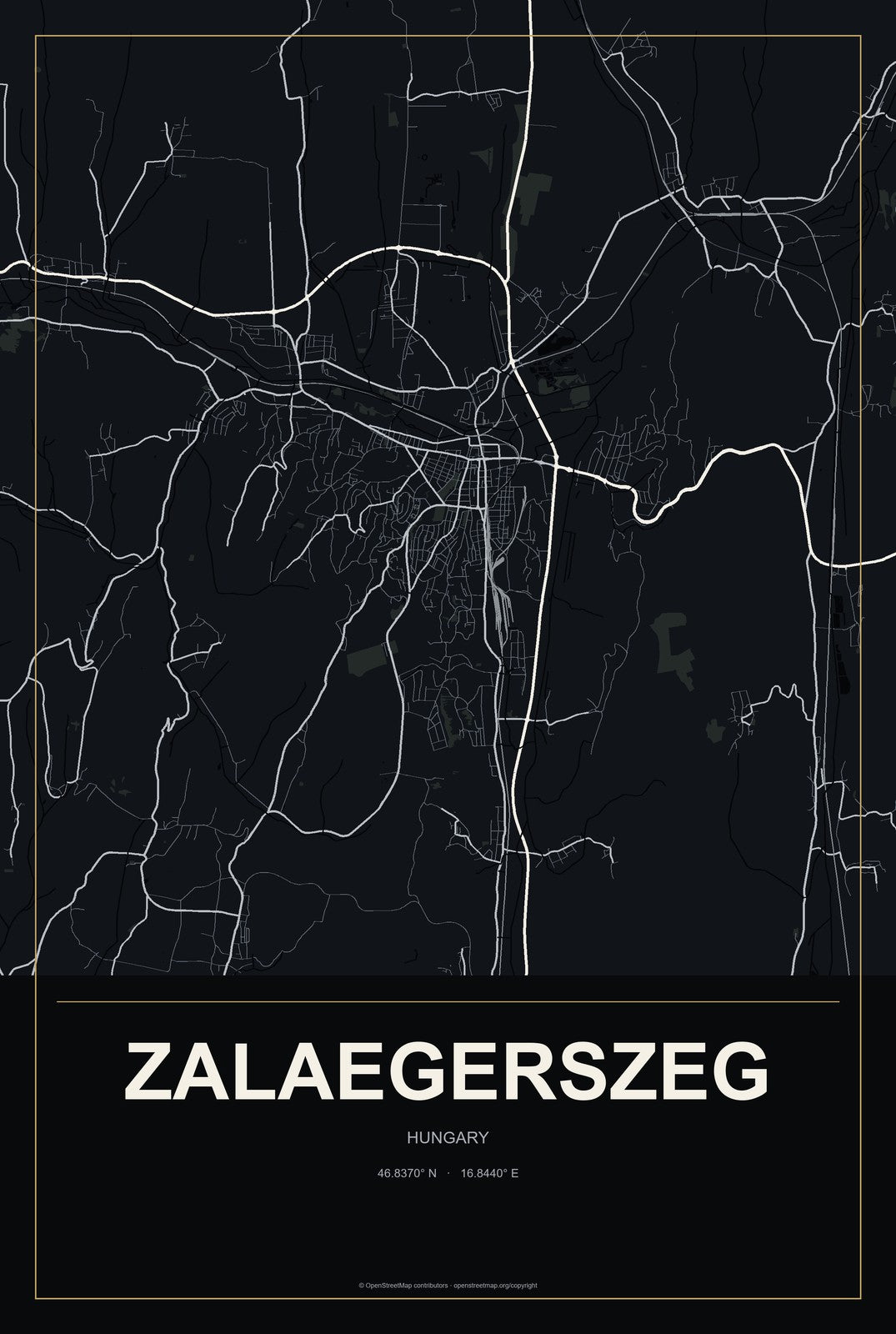 Zalaegerszeg, Hungary City Map Aluminum Sign in Metropolitan Noir style