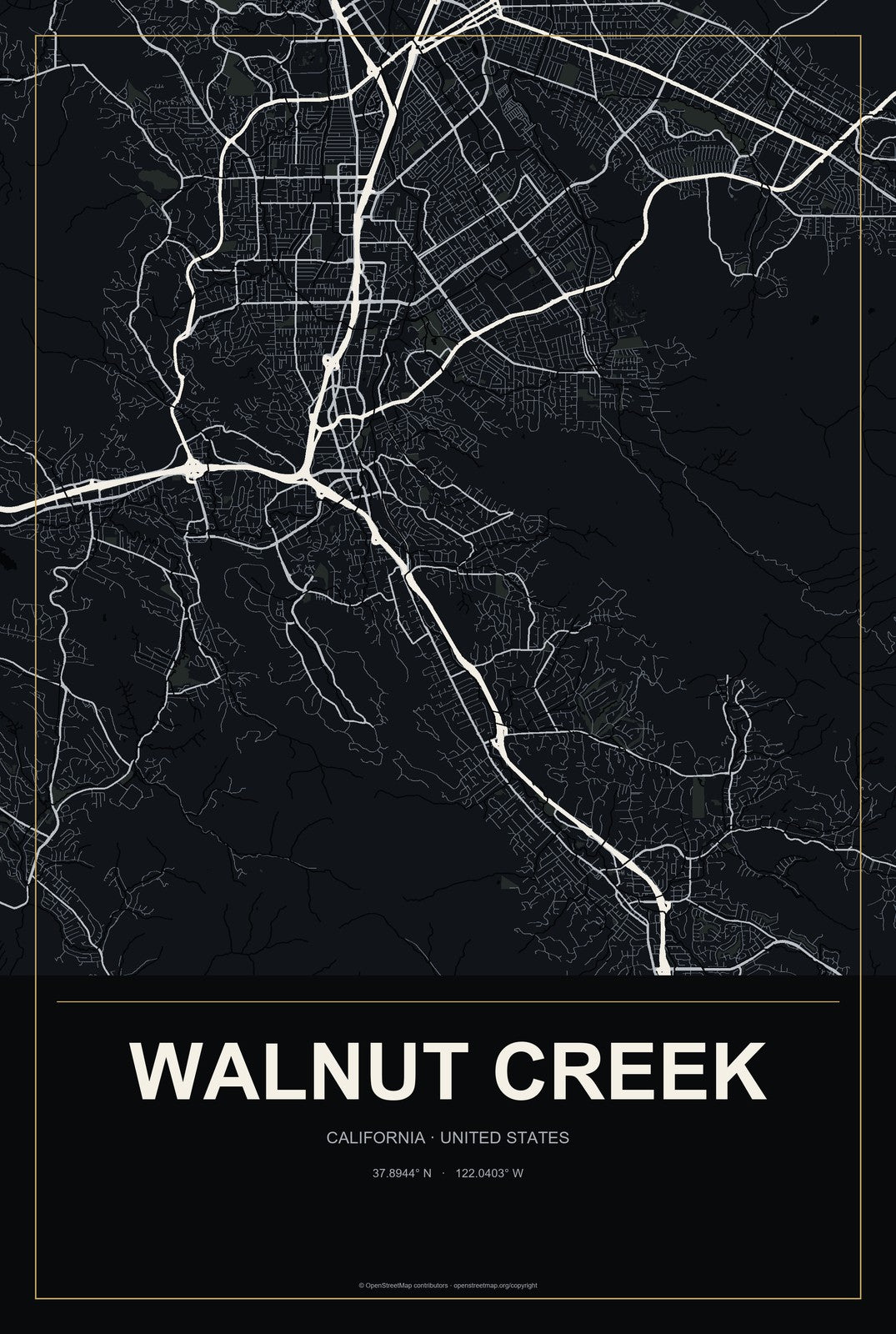 Walnut Creek, California City Map Aluminum Sign in Metropolitan Noir style