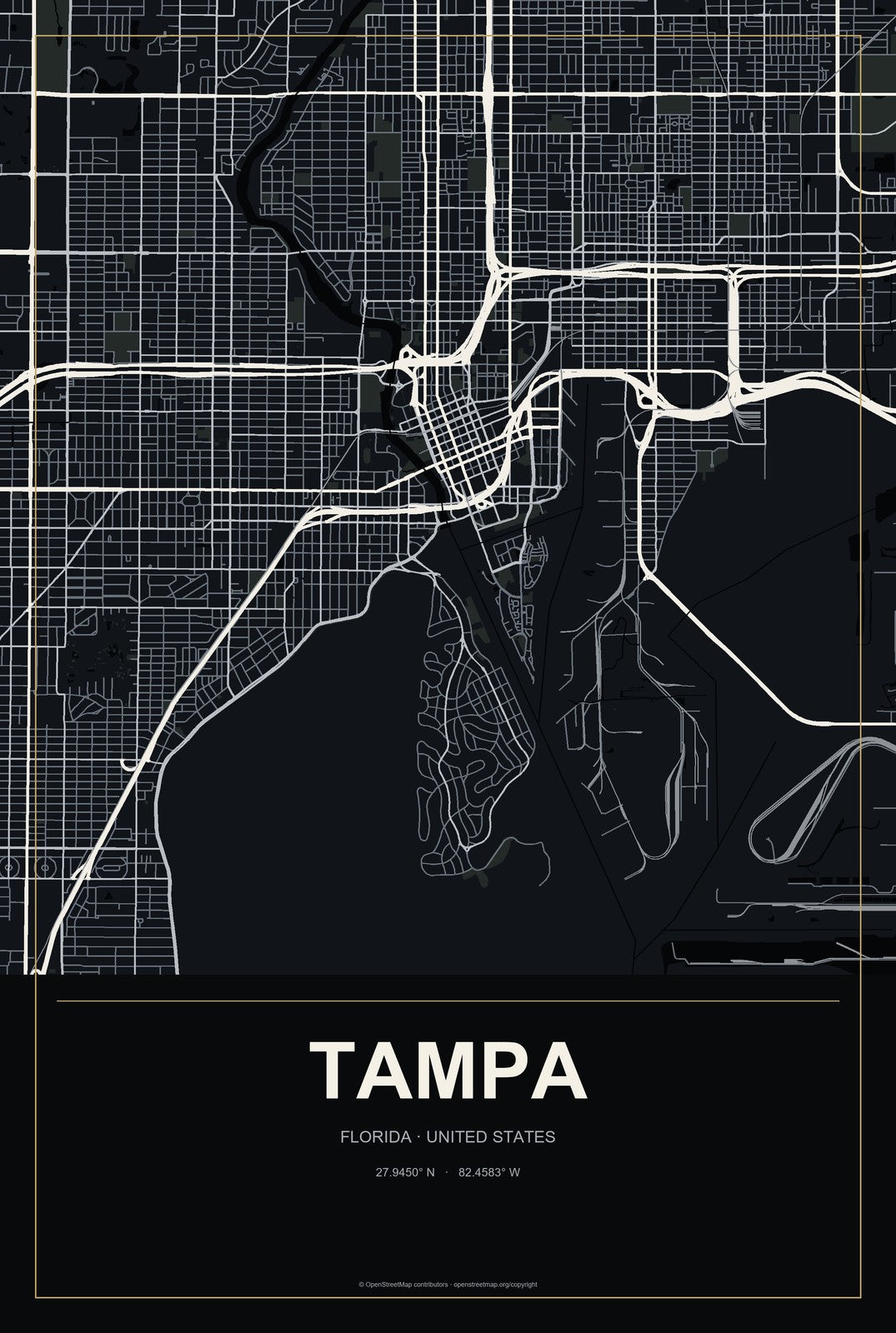 Tampa, Florida City Map Aluminum Sign in Metropolitan Noir style